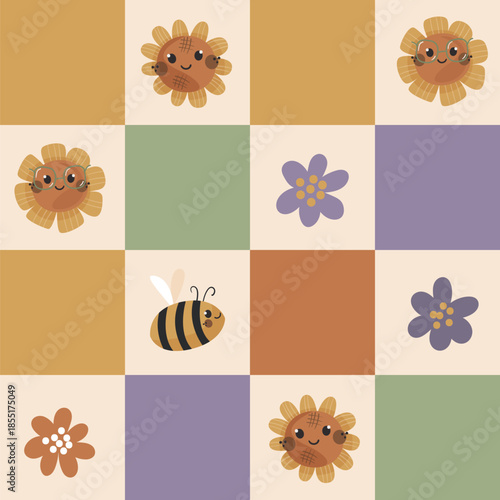 Seamless checkerboard pattern with sunflowers and bees. Perfect for fabric, wallpapers and gift designs