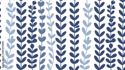 Simple seamless pattern of vertical leafy vines in two shades of blue, with some charming heart-shaped leaves on a white background.