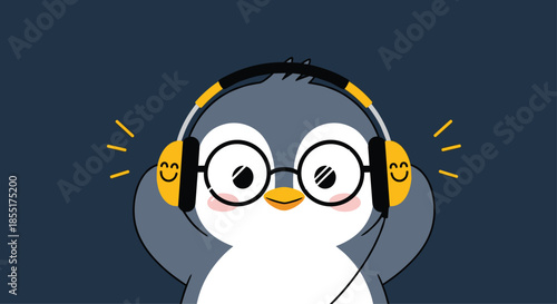 Cute penguin character with glasses wears yellow headphones while listening to music against a dark blue background.