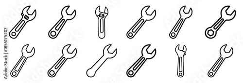 Set of outline icons adjustable wrench . construction simple line isolated icon set collection