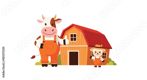 Friendly farm animals including a cow and a sheep wear overalls while standing outside a traditional red wooden barn.