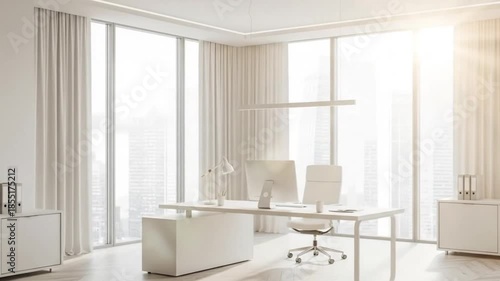 Wallpaper Mural Minimalist White Executive Office Background with City View and Morning Light Dolly Shot Torontodigital.ca