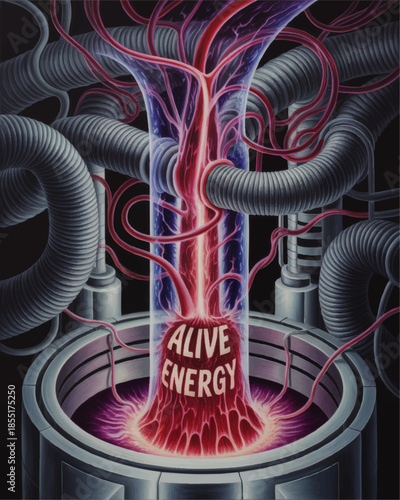 Futuristic bioenergy reactor core with glowing alive energy, sci fi technology concept art of organic power and cyberpunk machine tubes