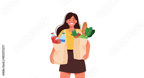 Happy young woman carries paper bags filled with fresh groceries including bread and vegetables on a white background.