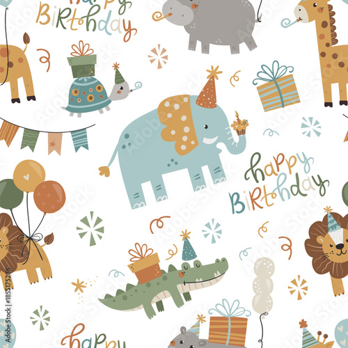 Vector seamless birthday pattern with safari animals. Seamless for wrapping paper, greeting cards and other. Can be used for wallpaper, textile, packaging.