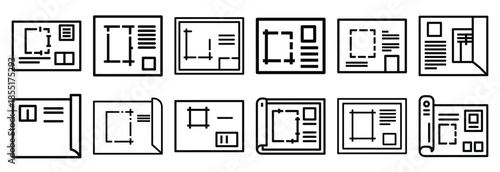 Set of outline icons blueprint plan . construction simple line isolated icon set collection