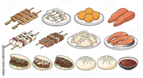 Comprehensive set of food illustrations includes various skewers, dumplings, buns, salmon steaks, and dipping sauce.