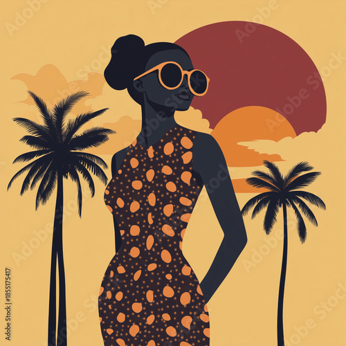 Stylized vector portrait of a woman in tropical retro style with palm trees and sun, fashionable illustration for posters, covers and modern prints