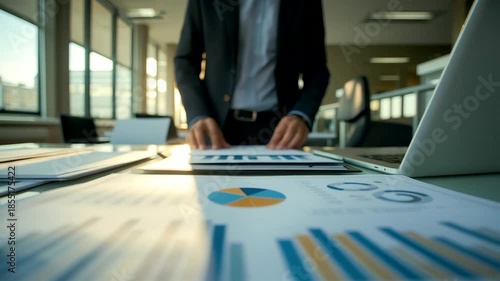 Business professional reviewing financial charts and data at office desk with laptop, reports and graphs during modern workday