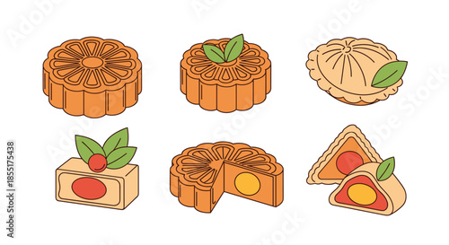 Selection of traditional Chinese mooncakes shows various shapes, decorative patterns, and sweet fillings for festival.