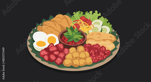 Traditional Indonesian food platter features a diverse selection of side dishes like eggs, chicken, and spicy sambal.