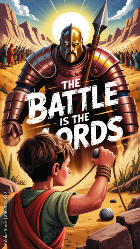 David and Goliath Bible illustration, young boy with sling facing armored giant warrior, Christian faith battle scripture poster art