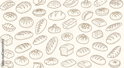 Seamless background pattern is filled with various hand-drawn sketches of different types of fresh bread and pastries.