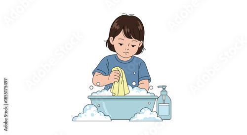 Young girl focuses on washing her hands thoroughly in a blue basin with plenty of soap bubbles for good hygiene.
