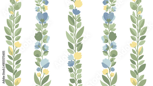Delicate seamless pattern with vertical green leafy vines adorned with small, charming blue and yellow flowers on a white background.