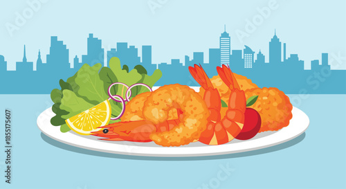 Golden fried shrimp and tempura served with fresh lettuce, lemon, and onion rings on a white plate with a blue city skyline background.