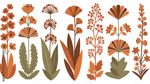 Collection of stylized folk art flowers and plants in warm, earthy autumn tones of orange, brown, and olive green on white.