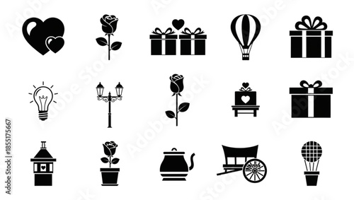 This image displays a collection of twelve simple black and white icons arranged in a grid pattern. The icons feature various objects related to romance and classic design, 