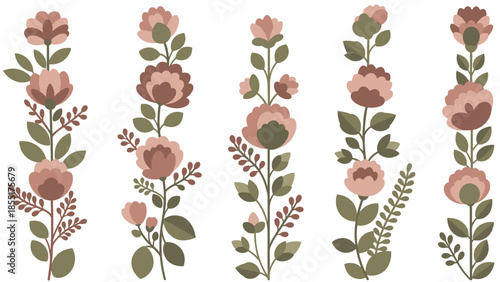 Set of five elegant vertical floral arrangements featuring dusty rose flowers and olive green leaves, isolated on a white background.