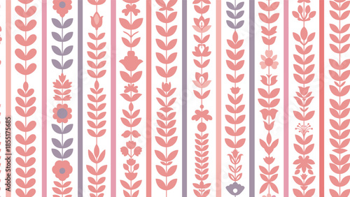 Ornate seamless pattern with vertical floral stripes featuring various flowers and leaves in shades of dusty pink and soft purple.