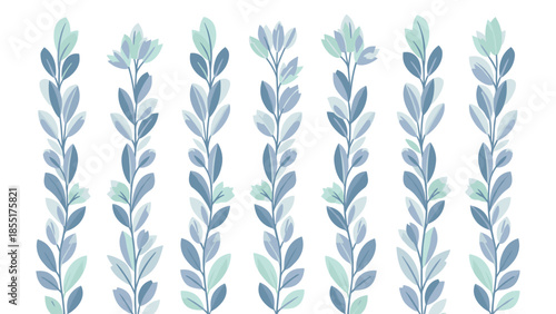 Calming seamless pattern of vertical leafy stems in cool, muted tones of dusty blue and mint green, isolated on a white background.