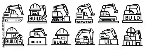 Set of outline icons disaster relief build . construction simple line isolated icon set collection