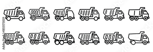 Set of outline icons dump truck . construction simple line isolated icon set collection