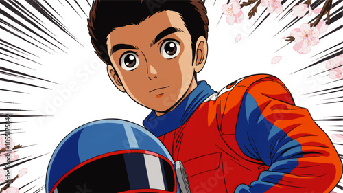 Retro anime race driver hero with helmet and cherry blossoms, dynamic speed lines, vibrant red blue suit, transparent background