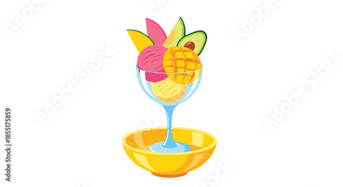 Colorful ice cream sundae in a glass bowl topped with fresh mango, avocado, and dragon fruit slices over a yellow base.