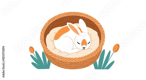 Adorable white rabbit with orange patches sleeping peacefully in a cozy woven basket surrounded by flowers on a white background.