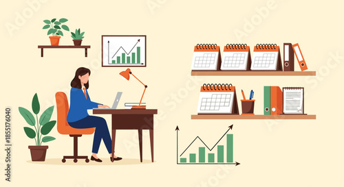 Professional woman working on her laptop at a desk in a well-organized office with calendars, plants, and growth charts.