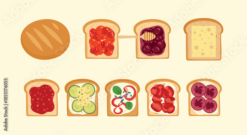 Assortment of toasted bread slices with various delicious toppings like jam, cheese, honey, vegetables, and fruit for breakfast.