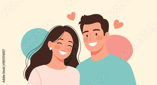 Cheerful young man and woman smiling happily together, surrounded by hearts, representing love, romance, and a strong relationship.