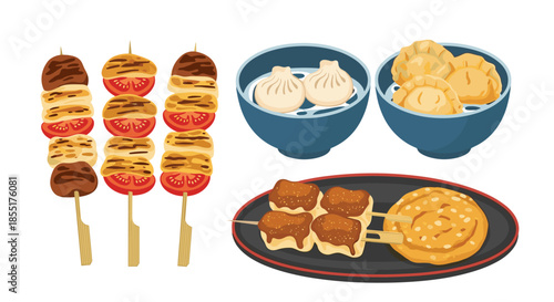 Delicious street food assortment featuring grilled meat and tomato skewers, steamed dumplings, and fried snacks on a dark plate.