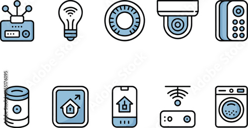 Smart home technology and automation icon set featuring security camera, smart light, home network, and mobile control symbols in line art style.