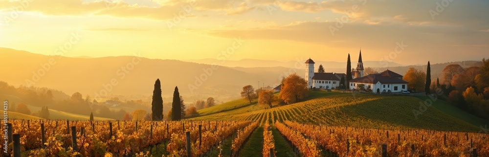 Fototapeta premium Golden sunrise illuminates Austrian vineyards. Rolling hills display autumn colors. A traditional estate sits atop a gentle slope, promising wine culture.