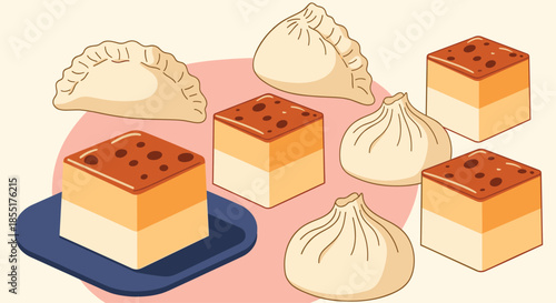 Collection of traditional Asian pastries and dumplings including layered cakes and steamed bao on a pink and white background.