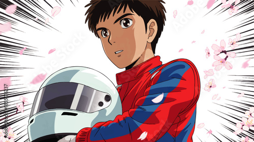 Confident anime race driver in red and blue suit holding helmet with cherry blossoms and dynamic speed lines, manga style illustration