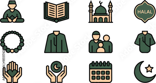 Islamic icon set for Ramadan and Eid featuring mosque, Quran, prayer beads, halal sign, and Muslim family symbols in flat design style.