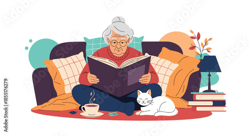 Peaceful elderly woman sitting on a sofa and reading a large book with her white cat by her side in a cozy living room.
