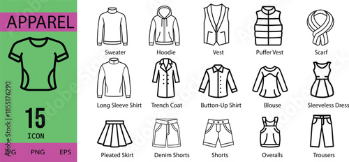 Vector illustration set of fashion clothing icons including shirts dresses jackets pants and suits for men and women