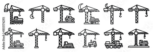 Set of outline icons night construction . construction simple line isolated icon set collection