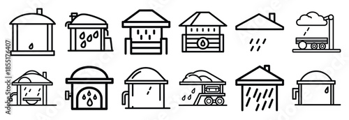 Set of outline icons rainwater harvesting . construction simple line isolated icon set collection