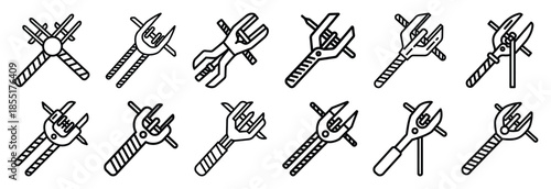Set of outline icons rebar tying tool . construction simple line isolated icon set collection