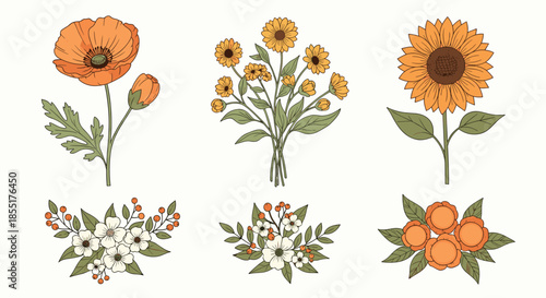 Beautiful collection of autumn-toned flowers including sunflowers, poppies, and floral bouquets with green leaves and berries.