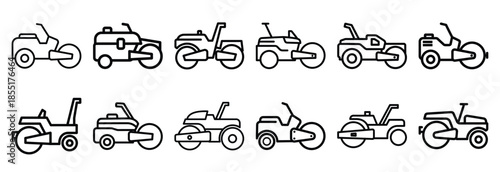 Set of outline icons road roller . construction simple line isolated icon set collection