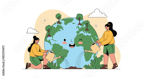 Two eco-conscious women watering a personified Earth planet to promote environmental protection and a green future together.