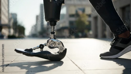 Close-up of a person wearing a modern prosthetic leg on a city street
