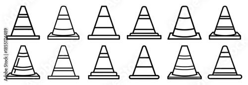 Set of outline icons safety cone . construction simple line isolated icon set collection