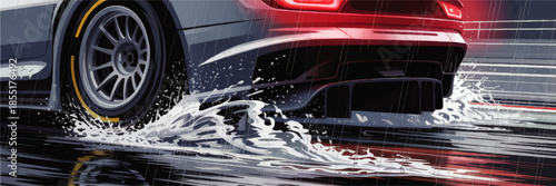 Sports car racing in heavy rain, rear wheel splashing water on wet asphalt track, dynamic speed illustration for motorsport design
